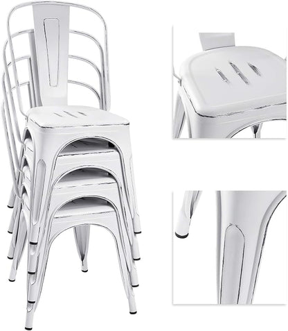 Devoko Metal Indoor-Outdoor Chairs Distressed Style Kitchen Dining Chairs Stackable Side Chair with Back Set of 4 (White)