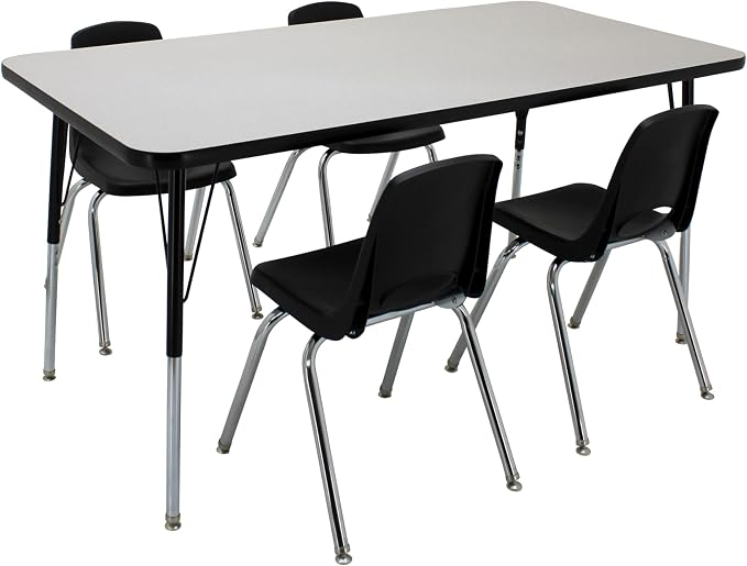 FDP Rectangle Activity School and Office Table (30 x 60 inch), Standard Legs with Swivel Glides, Adjustable Height 19-30 inches; Quick Ship Single Box - Gray Top and Black Edge