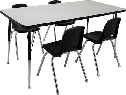FDP Rectangle Activity School and Office Table (30 x 60 inch), Standard Legs with Swivel Glides, Adjustable Height 19-30 inches; Quick Ship Single Box - Gray Top and Black Edge