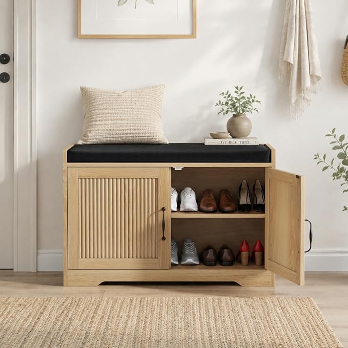 Entryway Shoe Storage Bench with Upholstered Seat, Double Door Cabinet, Adjustable Shelving, Slatted Front, Engineered Wood Organizer for Hallway, Foyer, Mudroom, Bedroom, Walk-In Closet (Oak)