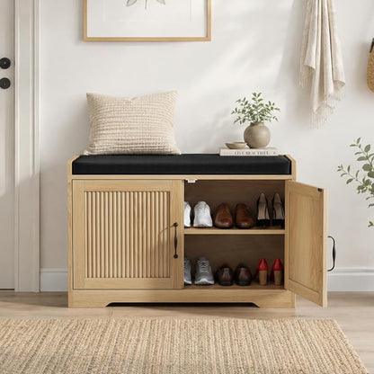 Entryway Shoe Storage Bench with Upholstered Seat, Double Door Cabinet, Adjustable Shelving, Slatted Front, Engineered Wood Organizer for Hallway, Foyer, Mudroom, Bedroom, Walk-In Closet (Oak)