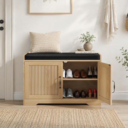 Entryway Shoe Storage Bench with Upholstered Seat, Double Door Cabinet, Adjustable Shelving, Slatted Front, Engineered Wood Organizer for Hallway, Foyer, Mudroom, Bedroom, Walk-In Closet (Oak)