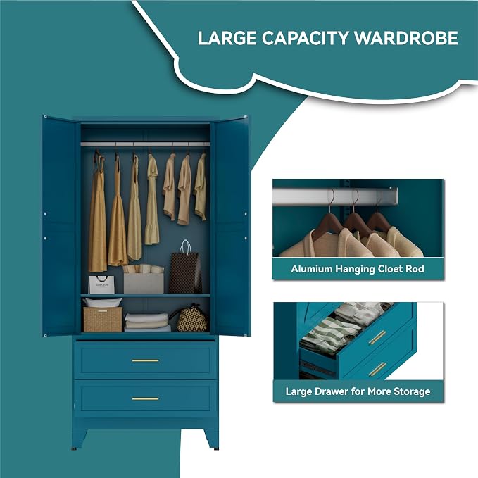 Blue Metal Wardrobe Closet, Armoire Wardrobe with Two Drawers Clothes Cabinet for Bedroom, 71" Tall Farmhouse Steel Armoire Closet with Drawers and 2 Doors Clothing Storage Cabinet with Hanging Rod