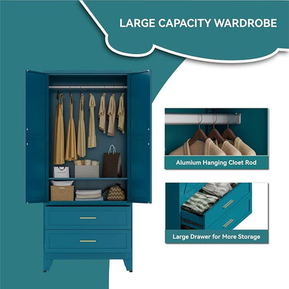 Blue Metal Wardrobe Closet, Armoire Wardrobe with Two Drawers Clothes Cabinet for Bedroom, 71" Tall Farmhouse Steel Armoire Closet with Drawers and 2 Doors Clothing Storage Cabinet with Hanging Rod