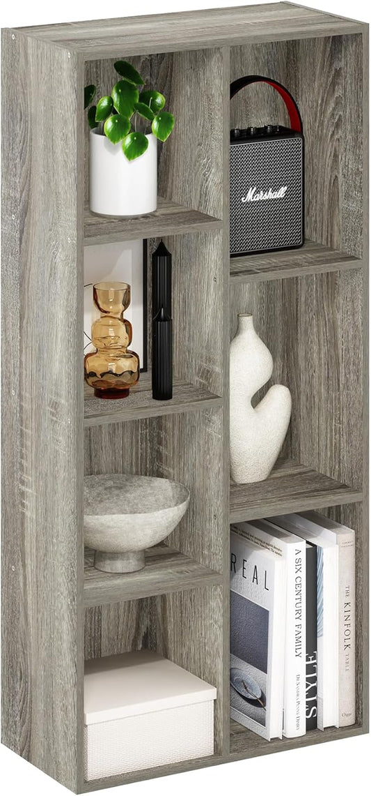 Furinno LUDER Book Shelf, 7-Cube Bookshelf, Bookcase with Open Shelves, 9.4 x 19.5 x 41.7, Easy Assembly, for Living Room, Bedroom, Home Office, French Oak