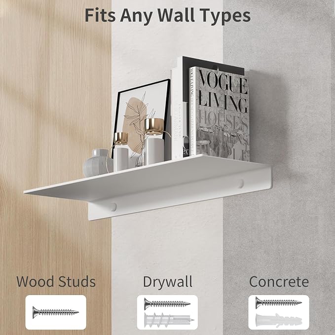 Danpoo 16 inch White Floating Shelf for Wall Organizer & Storage, Display Shelf, Metal Wall Shelf for Bathroom, Living Room, Kitchen, Bedroom