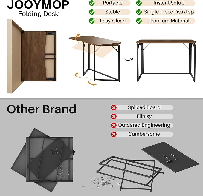 JOYMOOP 47.2" Folding Desk - Brown, No Assembly Large Size Foldable Desk for Home, Office, Wooden Top Folding Computer Desk for Working, Writing, Studying