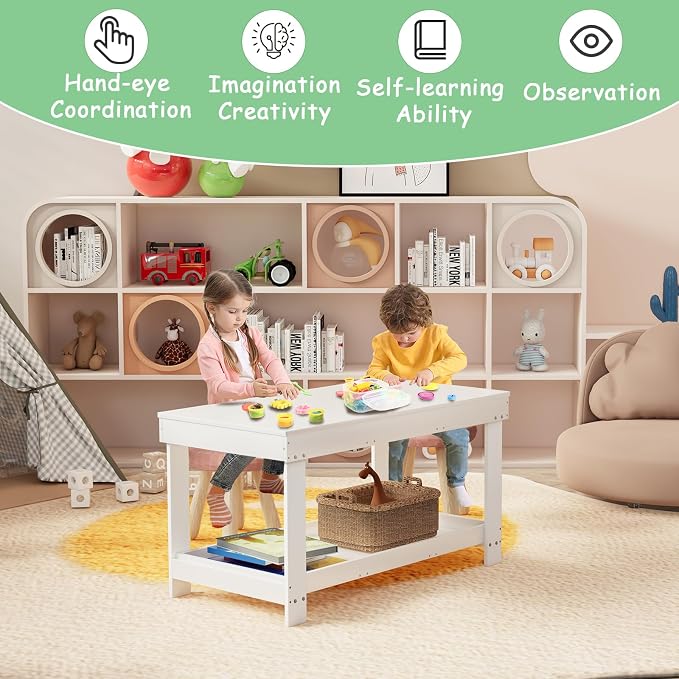 Kids Activity Table with Storage, 2 in 1 Solid Wood Building Blocks Table with Board for Boys Girls Gifts, Play Bricks, Train, Reading, Arts Draw