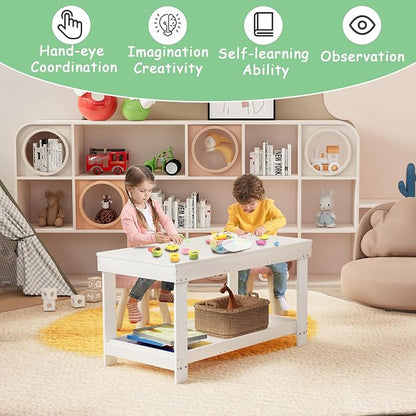 Kids Activity Table with Storage, 2 in 1 Solid Wood Building Blocks Table with Board for Boys Girls Gifts, Play Bricks, Train, Reading, Arts Draw