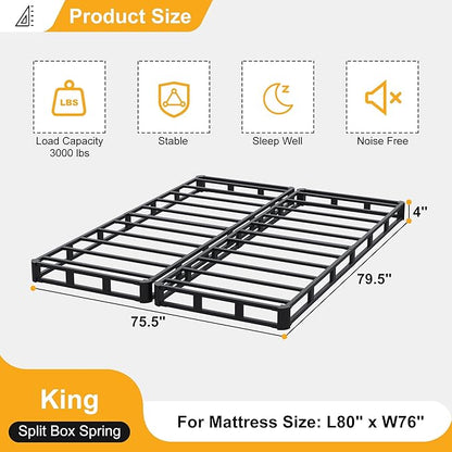 Lutown-Teen 4 Inch Split King Box Spring, Heavy Duty Metal Low Profile Box Spring King with Fabric Cover, Easy Assembly, Noise Free