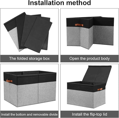 Gowee Large Toy Storage Box with Lid, Sturdy Toys Storage Chest Bin Organizer Basket with Dividers for Kids, Boys, Girls, Nursery, Closet, Bedroom, Playroom 26"x17" x17" (Black and Grey)