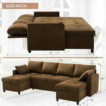 110" U-Shape Reversible Sectional Sofa Bed w/USB Port, Light Brown | Upholstered Sleeper Couch w/Adjustable Backrest and Storage Chaises, Chenille Modern Sofa w/Pull-Out Bed for Living Room