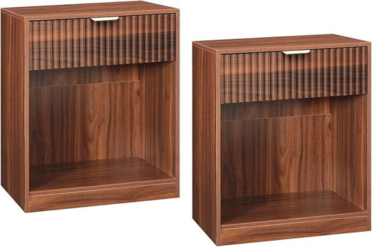 HOOBRO Fluted Nightstands Set of 2, Modern Bedside Tables with 1 Drawer and 1 Open Compartment, Wooden End Tables with Metal Handle, for Bedroom and Office, Walnut WL208BZP201