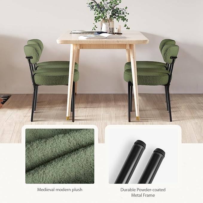 DUMOS Dining Chairs Set of 4, Mid Century Modern Chair Round Upholstered Curved Backrest, Kitchen Vanity Living Room Chairs with Black Metal Legs, Green