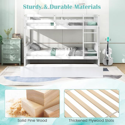 MAT EXPERT Twin Over Twin Bunk Bed with Trundle, Solid Wood Bunk Bed Frame w/Ladder, Slats & Rail, Convertible Twin Size Platform Bed for Kids, Space-Saving Bunk Beds for Bedroom Dorm (White)