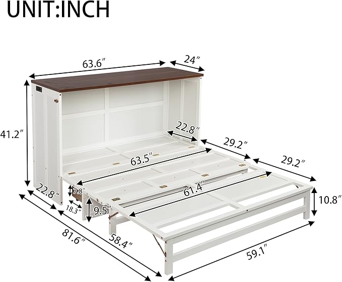 PVWIIK Queen Murphy Bed with Drawer & Charging Station for Bedroom,Home Office, Studio,Guest Room,Queen Size Solid Wood Bed Frame Murphy Bed with USB Port for Bedroom,White-Walnut