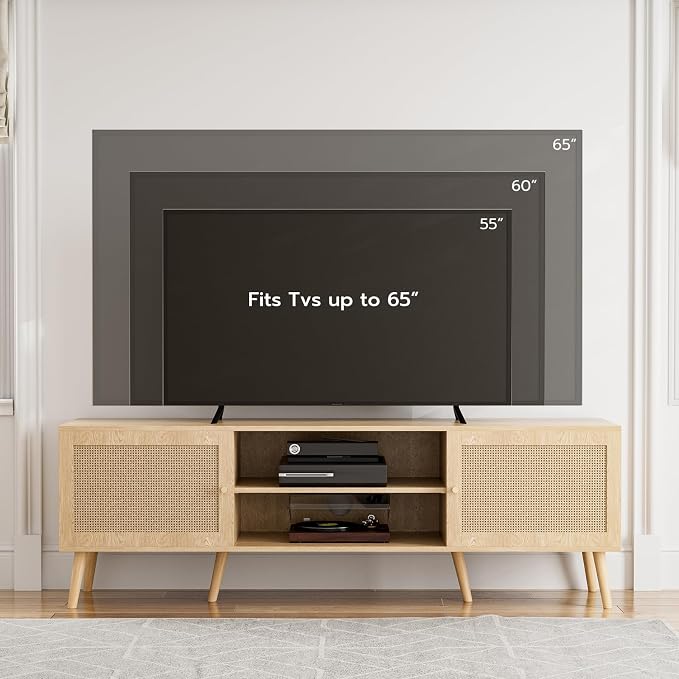 ZttRiee TV Stand with Rattan Doors for TVs up to 65", Mid-Century, Natural | 54.7"W x 15.7"D x 18.9"H, 150 lbs capacity, 2 rattan-door cabinets & 1 shelf (4 compartments), 2 cord holes, 6 wood feet