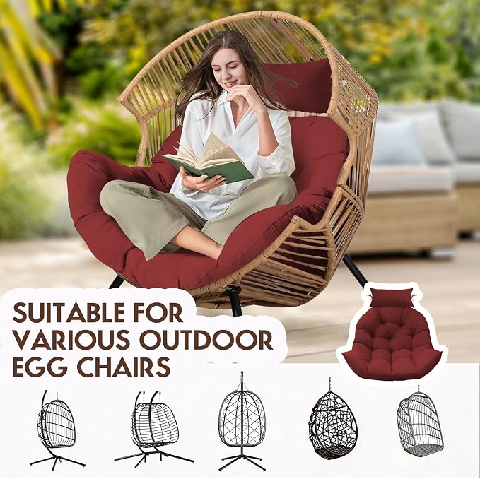 Outdoor Hanging Egg Chair Cushion Replacement, Thicken Egg Chair Cushion Waterproof Basket Eggs Chairs Cushion with Headrest Pillow, U-Shaped Cushions for Hanging Eggs Chairs Swing (Red)