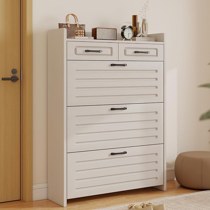 Shoe Cabinet with 3 Large Flip Drawers and 2 Storage Drawers, Narrow Shoe Organizer Cabinet Fits for Kinds of Shoes, Slim Shoe Storage Cabinet for Entryway, Hallway, White