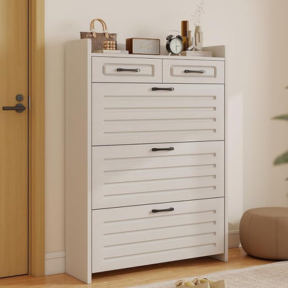 Shoe Cabinet with 3 Large Flip Drawers and 2 Storage Drawers, Narrow Shoe Organizer Cabinet Fits for Kinds of Shoes, Slim Shoe Storage Cabinet for Entryway, Hallway, White