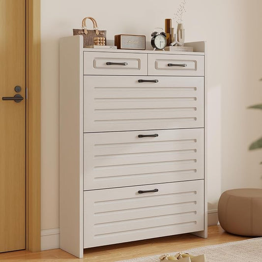 Shoe Cabinet with 3 Large Flip Drawers and 2 Storage Drawers, Narrow Shoe Organizer Cabinet Fits for Kinds of Shoes, Slim Shoe Storage Cabinet for Entryway, Hallway, White