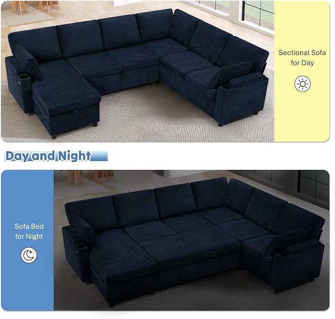 110" Chenille Sectional Sofa w/Pull Out Bed & Storage Chaise, Blue | Reversible U Shape Sofa w/Storage Armrests & Cup Holders, Corner Couch w/USB Charging Port & Throw Pillows for Living Room