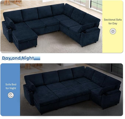 110" Chenille Sectional Sofa w/Pull Out Bed & Storage Chaise, Blue | Reversible U Shape Sofa w/Storage Armrests & Cup Holders, Corner Couch w/USB Charging Port & Throw Pillows for Living Room