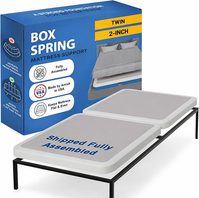 Greaton, Box Spring Bed Base Twin Size, 2-Inch Wood Mattress Foundation - Amish Made in USA – Quiet Noise Free, 2-Pieces Under Mattress-Support BoxSpring, Fully Assembled, White