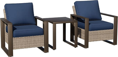 Joyside Outdoor Patio Chairs, 3 Pieces Wicker Rattan Furniture Set, 2 Patio Chairs and 1 Table, Metal Wide Armrest, Thick Cushions and Deep Seating for Garden, Backyard, Porch, Deck