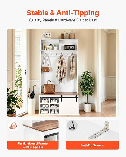 VEVOR Hall Tree with Bench and Shoe Storage, 42" Wide, Entryway Hall Tree with Bench, Hanging Hooks, Storage Shelves, Adjustable Shoe Shelves, Wooden Furniture for Mudroom, Entryway, Hallway, White