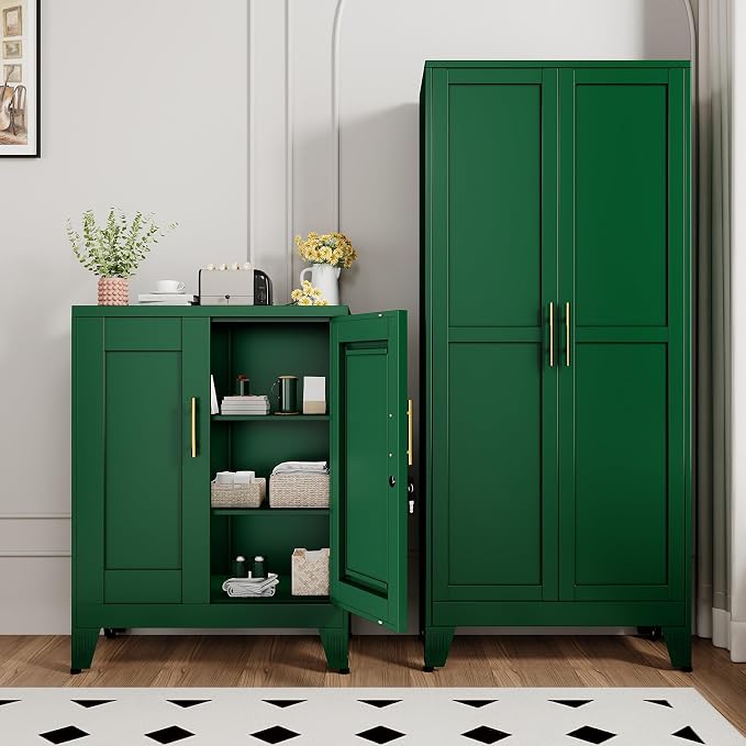 Green Metal Storage Cabinet, 36" Tall Locking Storage Cabinet, 14”D | with 2 Adjustable Shelves, Steel Locker Organizer, Metal Freestanding Buffet Cupboards Sideboard for Office, Home, School,2PS