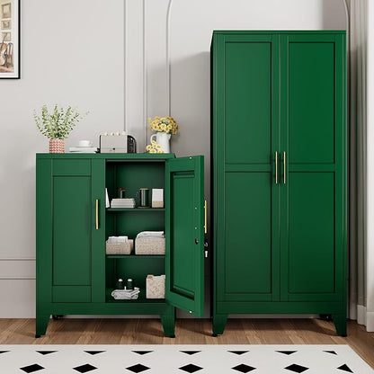 Green Metal Storage Cabinet, 36" Tall Locking Storage Cabinet, 14”D | with 2 Adjustable Shelves, Steel Locker Organizer, Metal Freestanding Buffet Cupboards Sideboard for Office, Home, School,2PS