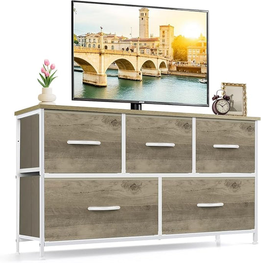 5-Drawer Dresser for Bedroom, Anti-Tip Wide Storage Organizer Fabric Chest of Drawers TV Stand for 45" TV with Wooden Top and Metal Frame for Closet, Living Room, Hallway, Entryway, Greige Oak