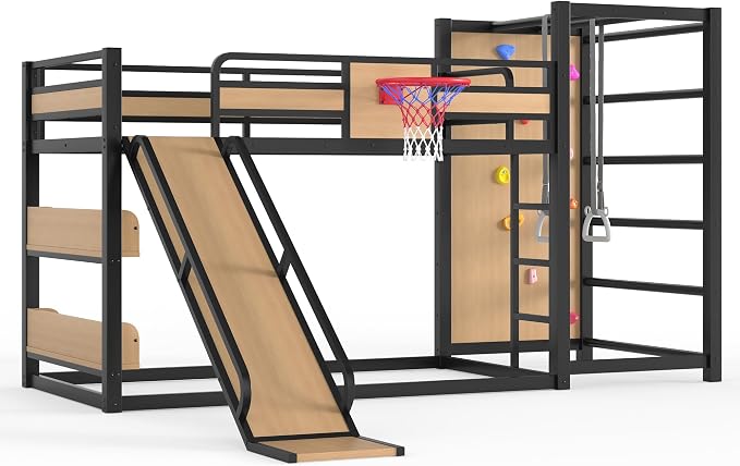 Harper & Bright Designs Twin Over Twin Metal Bunk Bed with Slide & Climbing Wall & Basketball Hoop Bookshelves for Love Sports, Yellow+Black