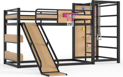 Harper & Bright Designs Twin Over Twin Metal Bunk Bed with Slide & Climbing Wall & Basketball Hoop Bookshelves for Love Sports, Yellow+Black