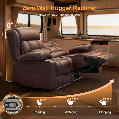 Power RV Loveseat Recliner Sofa, Electric Reclining Loveseat RV Couch with USB & Type-C Ports, Zero Wall Hugger RV Furniture with Storage & LED Light for Travel Trailers Home Theater Seating