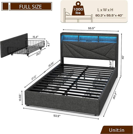 Driftalia LED Full Size Bed Frame with 4 Storage Drawers, Upholstered Full Bed Frame with 2-Tier Headboard and Charging Station, No Box Spring Needed, Easy to Assembly - Dark Grey