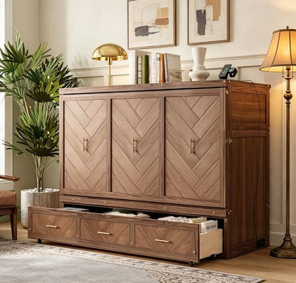 Bellemave Queen Size Murphy Bed with Charging Station and Storage, Farmhouse Murphy Bed with Foldable Panel for Guest Bedroom, Living Room, Office, Light Walnut