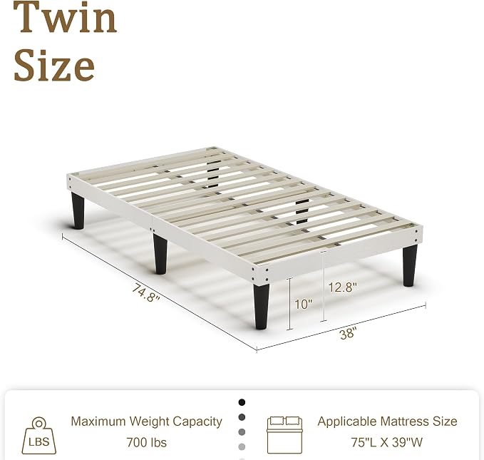 Yumori 12.9 Inch Minimalist Style Twin Size Bed Frame, Wood Platform Bed with Wood Slat Support, No Box Spring Needed, Easy Assembly, White