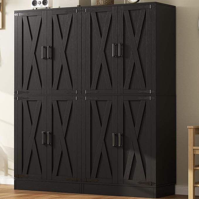 Unikito Black 71" Tall Kitchen Pantry Cabinet, Hidden Drawers and Farmhouse Barn Doors, 8 Adjustable Shelves, Freestanding Cupboard for Kitchen, Dining Room, Living Room, Utility Room, 2 Pack