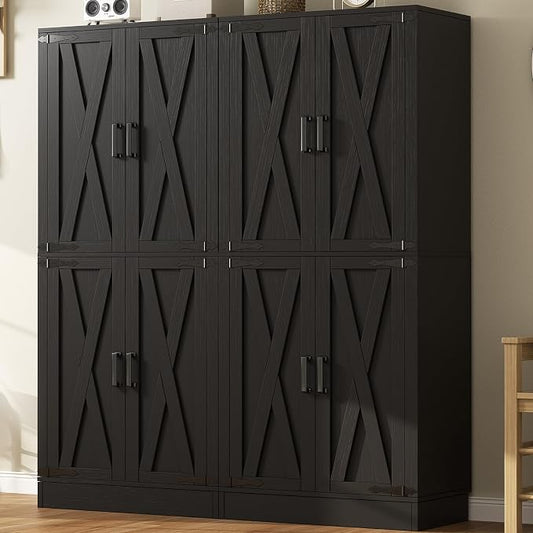 Unikito Black 71" Tall Kitchen Pantry Cabinet, Hidden Drawers and Farmhouse Barn Doors, 8 Adjustable Shelves, Freestanding Cupboard for Kitchen, Dining Room, Living Room, Utility Room, 2 Pack
