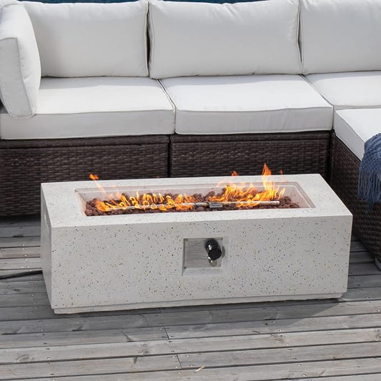 COSIEST Outdoor Propane Fire Pit Coffee Table, 42-inch x 13-inch Terrazzo Rectangle Base Patio Heater w Certified, 50,000 BTU Stainless Steel Burner, Free Lava Rocks and Rain Cover