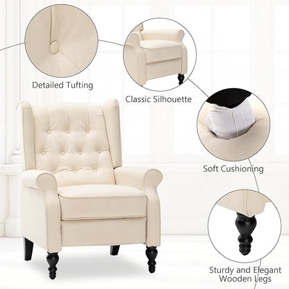 Mid Century Wingback Recliner Chair for Adults, Modern Linen Fabric Push Back Recliner Chairs with Button Tufted Upholstered Back & Footrest, Manual Recliner Chais for Living Room, Nursery, Beige
