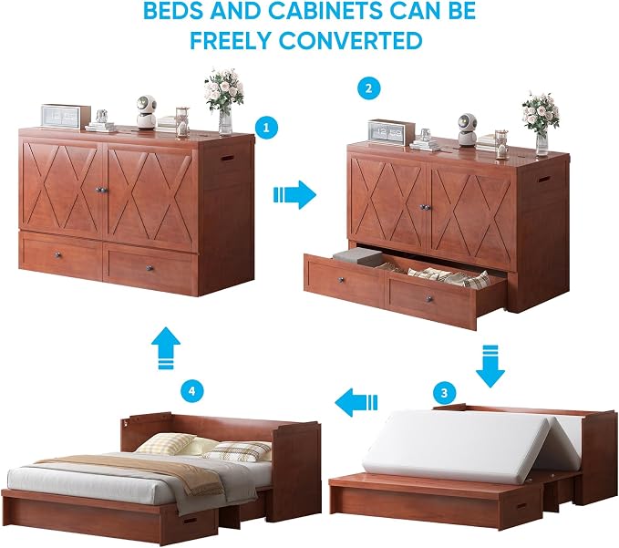 Mjkone Murphy Bed, Queen Hidden Cabinet Bed with Built-in USB Charging Station and 2 Storage Drawers, Murphy Wall Beds Cabinet Beds for Living Room, Guest Room, Apartment, Brown (No Mattress)