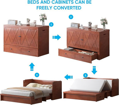 Mjkone Murphy Bed, Queen Hidden Cabinet Bed with Built-in USB Charging Station and 2 Storage Drawers, Murphy Wall Beds Cabinet Beds for Living Room, Guest Room, Apartment, Brown (No Mattress)