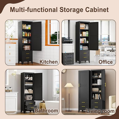 Tall Metal Narrow Storage Cabinet 67" H with 2 Drawer, Black Pantry Cabinets with 2 Adjustable Shelves and Door,Tall Bathroom Cabinet for Kitchen, Home Office, Living Room, Dining Room