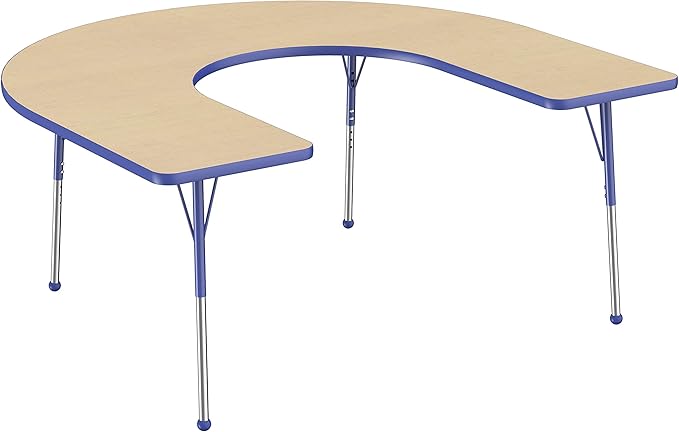 FDP Horseshoe Activity School and Office Table (60 x 66 inch), Standard Legs with Ball Glides for Collaborative Seating Environments, Adjustable Height 19-30 inches - Maple Top and Blue Edge