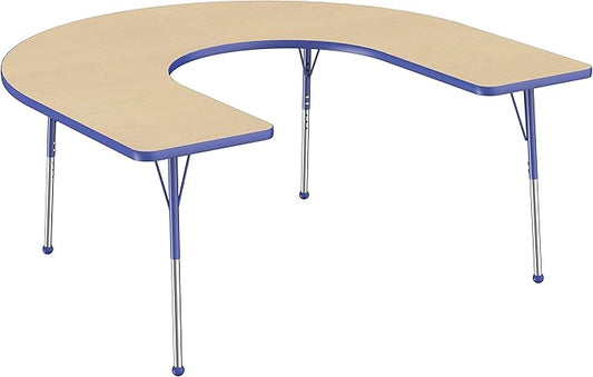 FDP Horseshoe Activity School and Office Table (60 x 66 inch), Standard Legs with Ball Glides for Collaborative Seating Environments, Adjustable Height 19-30 inches - Maple Top and Blue Edge