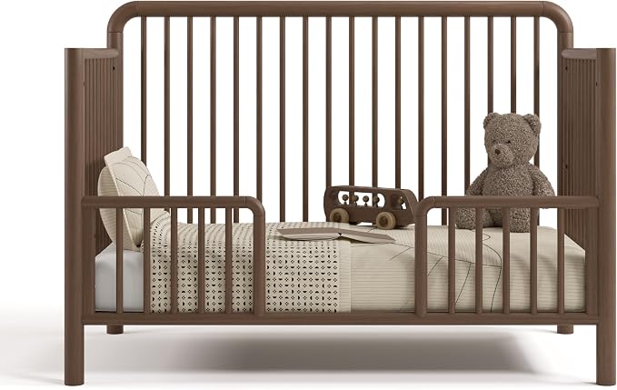 Storkcraft Porto 5-in-1 Convertible Crib with Toddler Guardrail – GREENGUARD Gold Certified, Toddler Bed Conversion Kit Included, 100% Solid Wood, Fits Standard Baby Crib Mattress (Hazelnut)