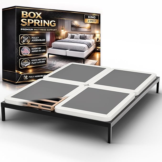 Nutan, 2-Inch Sturdy Wood Box Spring for Mattress Support - Durable and Fully Assembled, Natural Wood Foundation for King, White